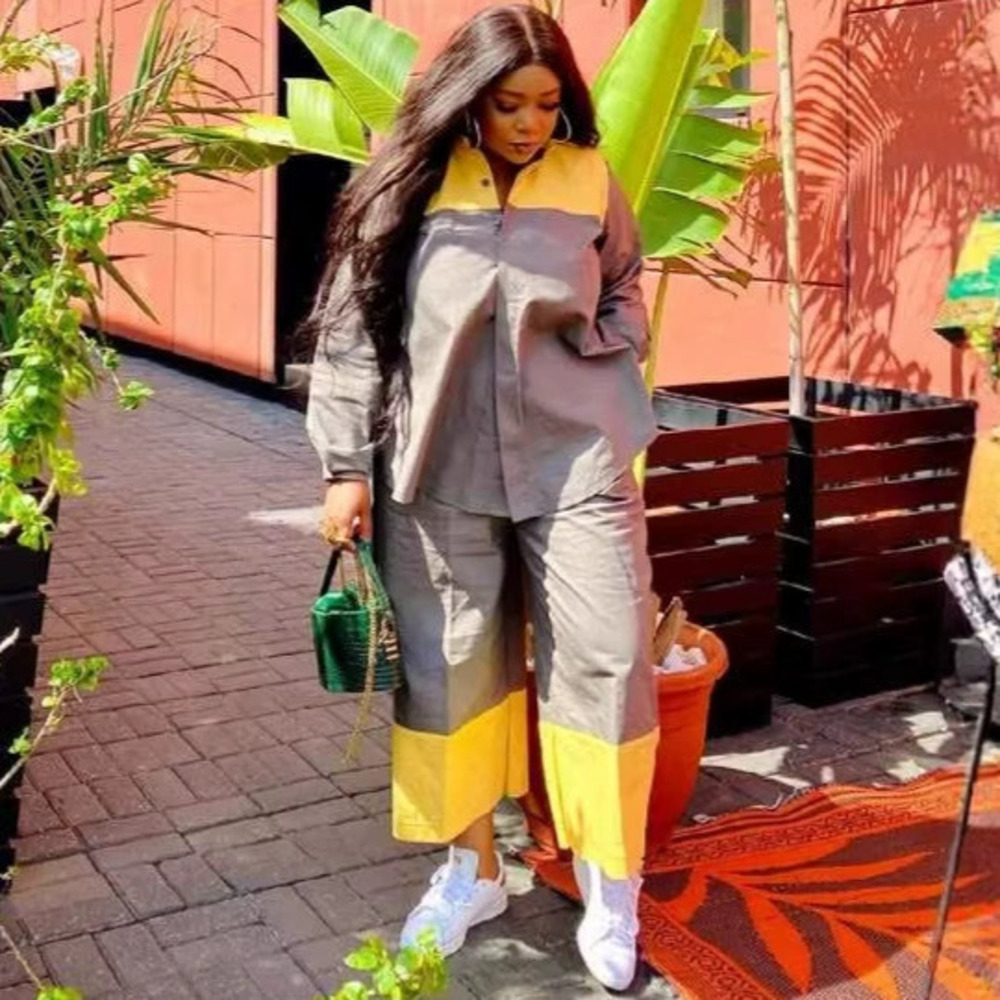 ZARA Chic Long Sleeve Lapel Patchwork Color Block Shirt African Casual Pants Set
